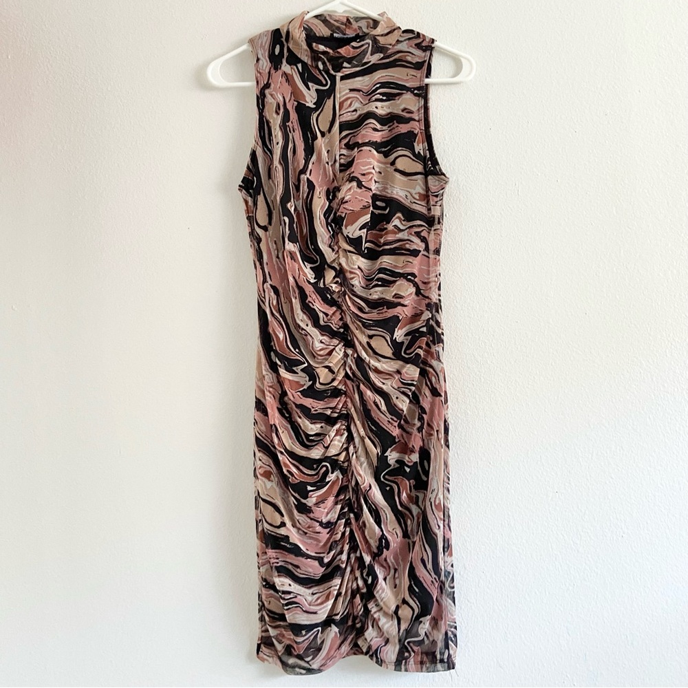 Wearever neutral swirl/ oil slick ruched bodycon dress | xsmall-medium